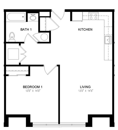 A floor plan of an apartment with a living room, kitchen, one bedroom and a bathroom.